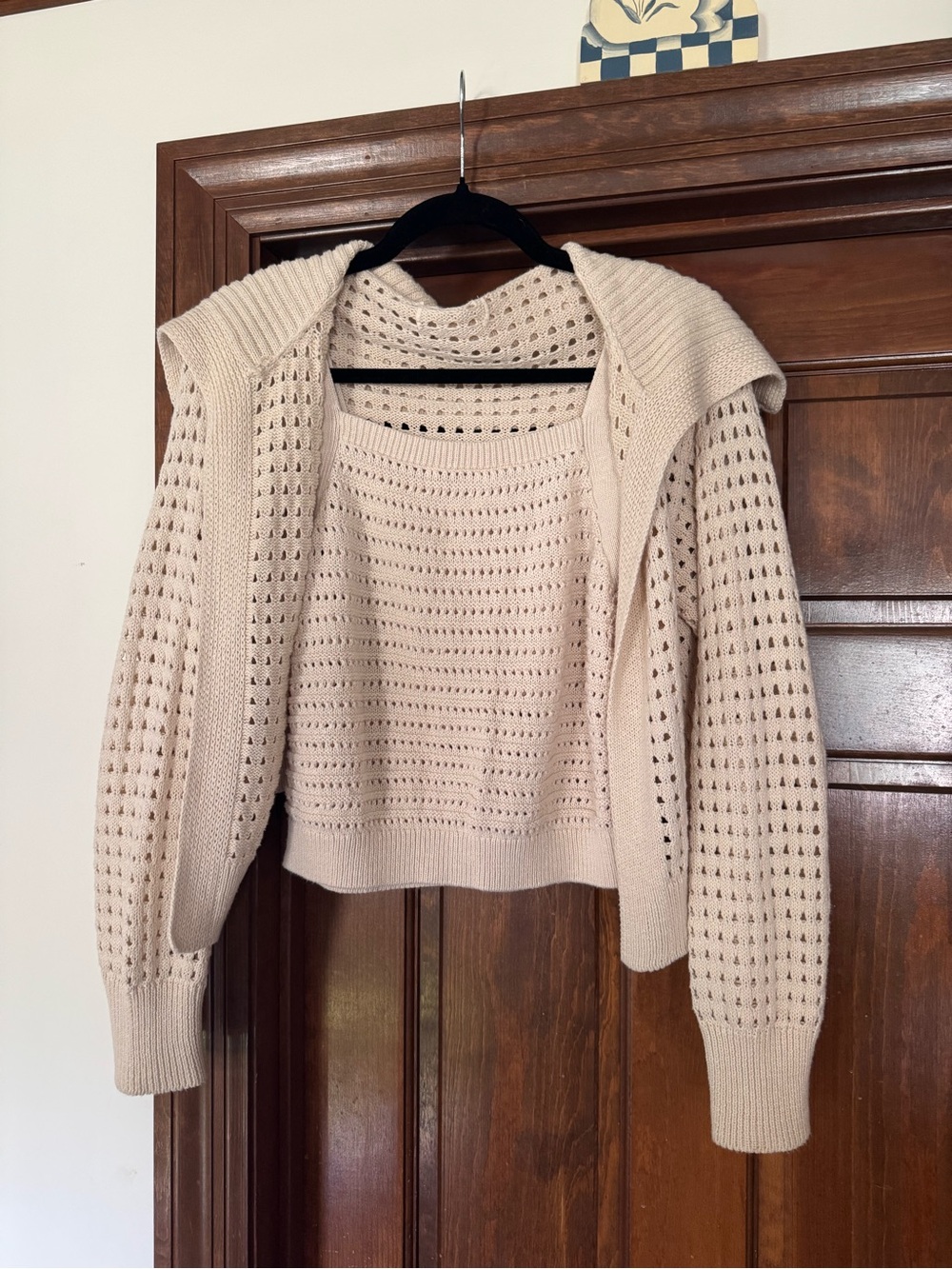 Beige Open-Knit Women's Cardigan and Tank Set